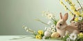 easter banner in pastel green and yellow tones,on a light background a composition of a charming decorative cute rabbit,yellow