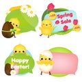 Easter banners collection. Cute cartoon chicks with flowers, eggs and other symbols for Easter sale, celebration and other design Royalty Free Stock Photo