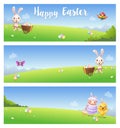 Easter banners with cute animals bunny chicken lamb butterfly bird on spring landscapes background