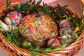 Easter Basket,Close-up basket Easter Ukrainian Easter and Easter egg with sausage and horseradish