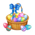 Easter basket with color painted easter eggs isolated on white Royalty Free Stock Photo