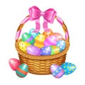 Easter basket with color painted easter eggs isolated on white Royalty Free Stock Photo