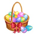 Easter basket with color painted easter eggs isolated on white Royalty Free Stock Photo