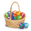 Easter basket with colored eggs on a white background