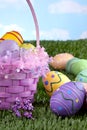 Easter basket and colorful eggs Royalty Free Stock Photo