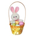 Easter basket with colorful eggs and bunny toy isolated Royalty Free Stock Photo