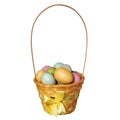 Easter basket with colorful eggs isolated