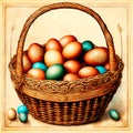 Easter Basket With Colorful Eggs In The Style Of An Old Postcard