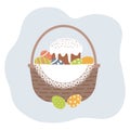 Easter Basket with cute decorated Easter eggs and kulich on white openwork vintage doily. Collection of symbols of religious