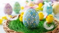 Easter basket with decorated egg and chicks Royalty Free Stock Photo