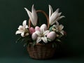 An Easter basket decorated with lilies and decorated with two rabbit ears contains eggs Royalty Free Stock Photo