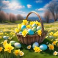 Easter basket with Easter eggs on a green meadow. Daffodils are blooming yellow