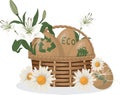 Eco-Friendly Easter Basket with Flowers and Eggs isolated on transparent background Royalty Free Stock Photo