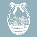Easter basket with egg grass, leaves, flowers. Vector illustration. Easter eggs for Easter holidays. Paper sticker. Laser cut.