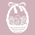 Easter basket with egg grass, leaves, flowers. Vector illustration. Easter eggs for Easter holidays. Paper sticker. Laser cut.