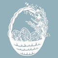 Easter basket with egg grass, leaves, flowers. Vector illustration. Easter eggs for Easter holidays. Paper sticker. Laser cut.