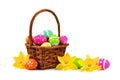 Easter basket with eggs and daffodils over white Royalty Free Stock Photo