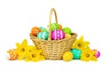 Easter basket with eggs and daffodils over white Royalty Free Stock Photo