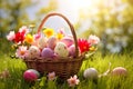 Easter basket with eggs and flowers Royalty Free Stock Photo