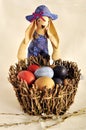 Easter. Basket with eggs and a toy rabbit Royalty Free Stock Photo