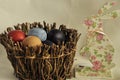 Easter. Basket with eggs and a toy rabbit Royalty Free Stock Photo
