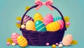 Easter basket with eggs - A whimsical Easter basket brimming with pastel-colored eggs, decorations - ai generated.