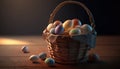 Easter - a basket with festive eggs. Postproducted generative AI digital illustration.