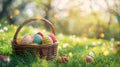an easter basket filled with eggs is sitting on the grass Royalty Free Stock Photo