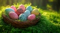 Easter basket filled with pastel colored eggs Royalty Free Stock Photo