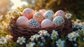 Easter basket filled with pastel colored eggs Royalty Free Stock Photo