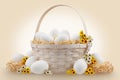 Easter basket full of eggs with flower spring decorations and straw nests, isolated on beige background, template for label, gift