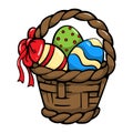 Easter basket with multi-colored eggs and a red bow. Bright vector illustration for print, sticker, greeting card Royalty Free Stock Photo