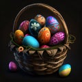 Easter basket with painted eggs on black background, 3d illustration Royalty Free Stock Photo