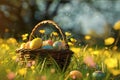 Easter basket with painted eggs in the meadow with yellow flowers Royalty Free Stock Photo