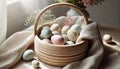 Easter basket pastel eggs with rustic decor in soft natural light. Illustration generated by AI. Royalty Free Stock Photo