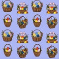 Easter Basket Pattern with Colorful Eggs and Flowers Royalty Free Stock Photo