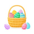 Decorative Easter eggs in a wicker basket. Vector illustration of colored eggs with texture. Royalty Free Stock Photo
