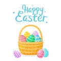 Vector illustration of a wicker basket with colored colored Easter eggs. Royalty Free Stock Photo
