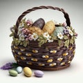 easter basket wicker with colored eggs decorated with daisies. Royalty Free Stock Photo