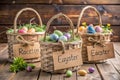 Easter baskets filled with colorful eggs on a rustic wooden table Royalty Free Stock Photo