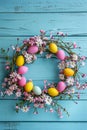 Easter Beautiful wreath on a blue background. Selective focus.