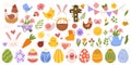 Easter big collection with different elements on theme - painted eggs, bunny, chickens and flowers, cross. Hand drawn Royalty Free Stock Photo