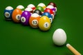 Easter billiard balls with cue, 3D rendering Royalty Free Stock Photo