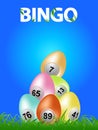 Easter Bingo Eggs on blue background and decorative text