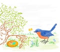 Easter bird with daffodils and easter eggs