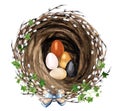 Easter bird nest decorated with willow and bow. Golden egg inside. Watercolor illustration. Royalty Free Stock Photo
