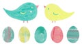 Easter birds and eggs. Cute abstract hand-drawn clip-art. In mixed media collage on paper. Elements isolated on white background.