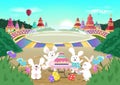 Easter Birthday, celebration party seasonal holiday poster, cute cartoon rabbit, fairy tale fantasy background vector illustration