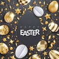 Easter black background with realistic decorated golden eggs, ribbons, stars, confetti and text. Egg frame shape Royalty Free Stock Photo