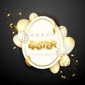 Easter black background with realistic golden decorated eggs, egg frame, confetti, text and ribbons. Vector illustration Royalty Free Stock Photo